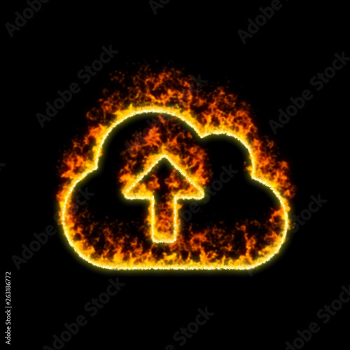 The symbol cloud upload burns in red fire