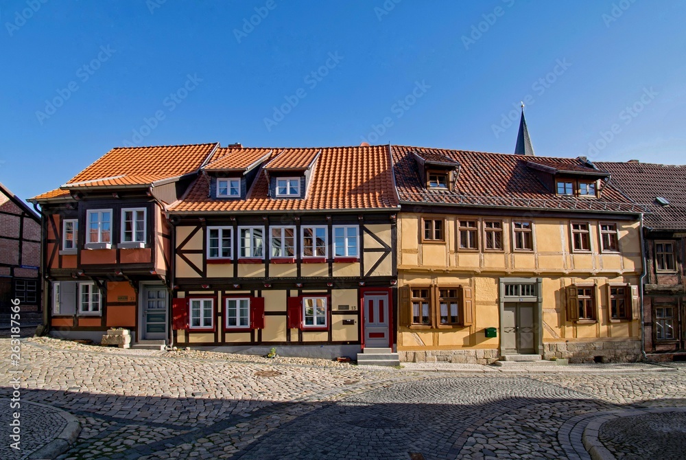 Fachwerkhäuser in der Altstadt von Quedlinburg im Harz in Sachsen-Anhalt, Deutschland 