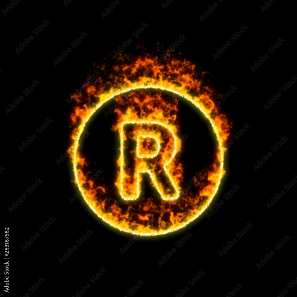 The symbol registered burns in red fire The symbol registered burns in red fire