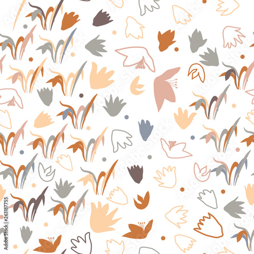 Vector floral seamless pattern with hand drawn scilla or snowdrop flowers and leaves. Modern decorative background in pastel colors. © dinadankersdesign
