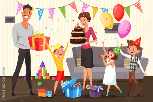 Family celebrating birthday at home illustration