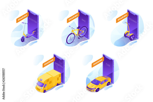 Transport rental services vector illustrations set