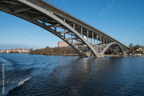 Fototapeta Naklejka Na Ścianę i Meble -  Water view over the Riddarfjärden bay and bridge in Stockholm a sunny spring day,