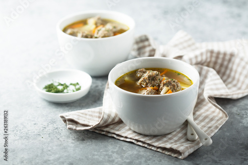 Homemade soup with meatballs