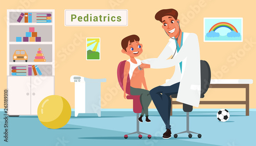 Boy in pediatrics office flat illustration