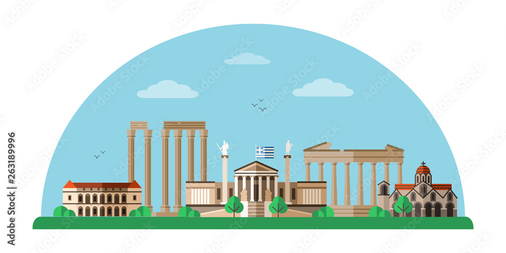Greece world famous landmarks flat illustration