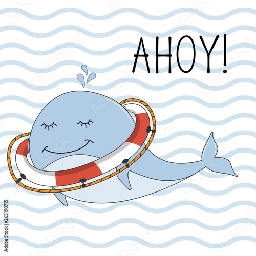 Greeting card with happy whale on background with blue stripes.