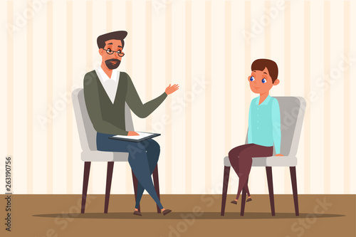 Child in psychologist office flat illustration