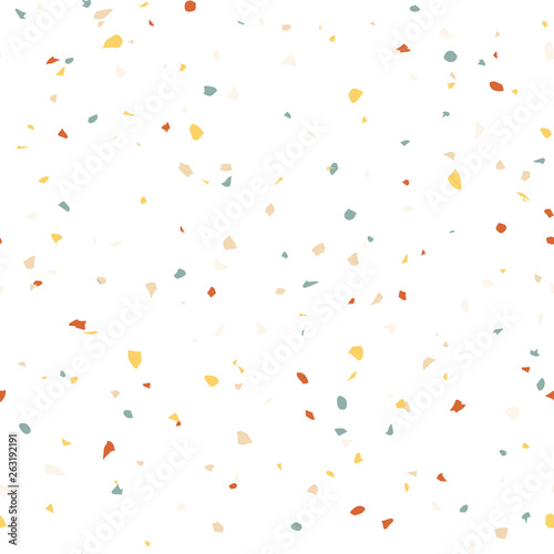 Terrazzo flooring textured surface modern abstract pattern. Vector seamless abstract repeat with chips of marble or granite in soft pastel  colors.