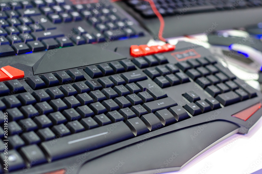 Close-up of gaming keyboards in the shop. Close-up of gaming keyboards in the shop.