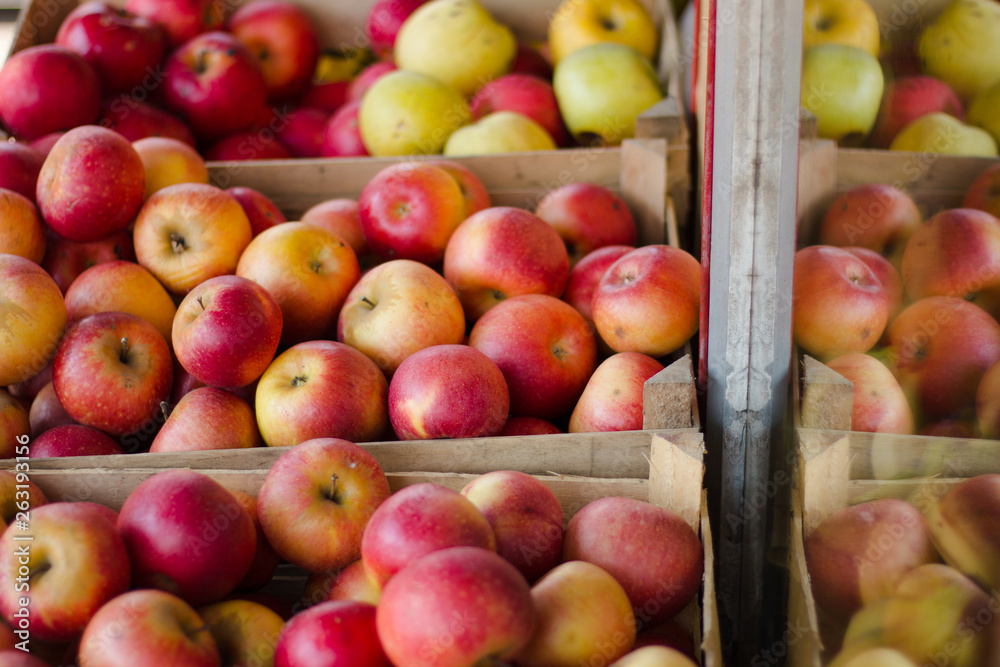 Fresh apples in wooden boxes Fresh apples in wooden boxes
