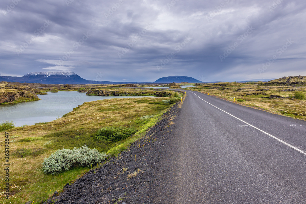 Road number 848 on the shore of Lake Myvatn near Reykjahlid, small town in Myvatn region, located in north part of Iceland
