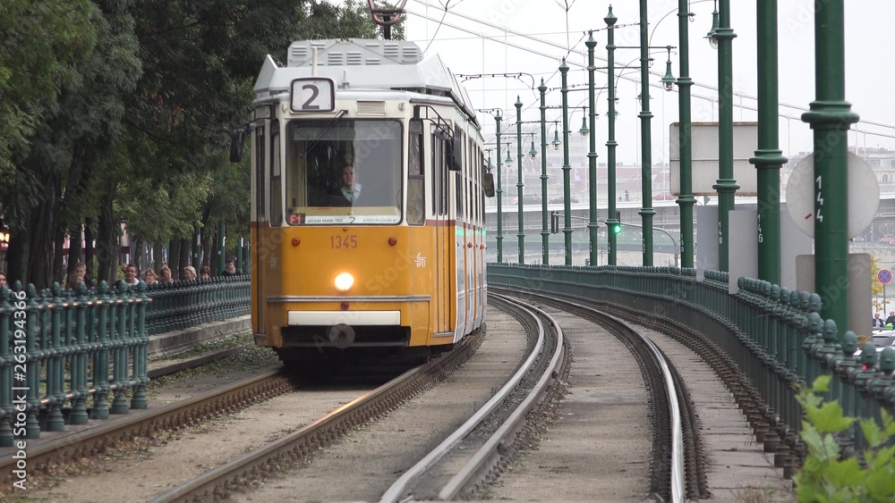 Yellow tram in Budapest, Hungary