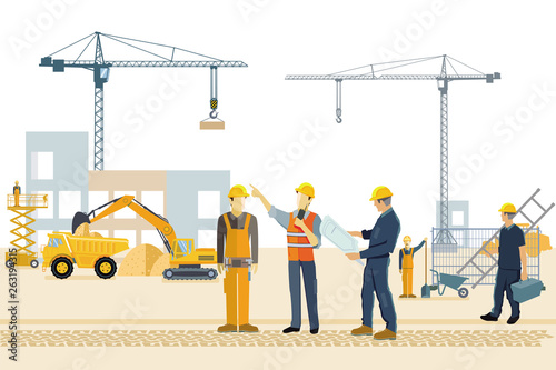 Baustelle mit Bauarbeitern, Bagger und Kran
