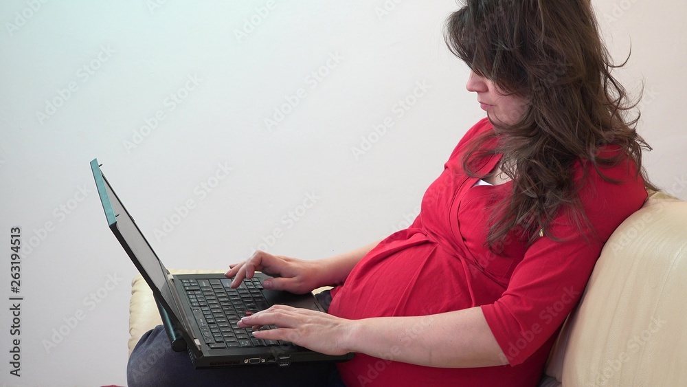 Naklejka premium Pregnant woman working at laptop, looking at computer