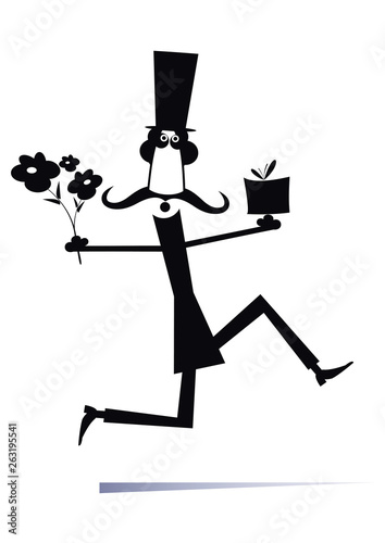 Running man with a bunch of flowers and present isolated illustration. Long mustache man in the top hat hurries to give to woman a bunch of flowers and a present black on white illustration