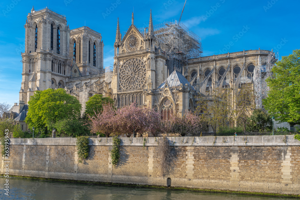 Obraz premium Paris, France - 04 17 2019: The day after the fire at Notre-Dame Cathedral. View from the banks of the Seine