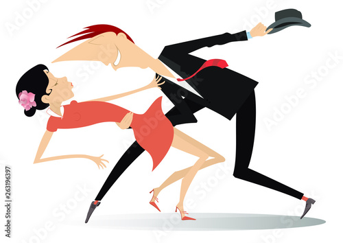 Romantic dancing young couple illustration isolated. Funny dancing young man holds woman by the waist and gets off his hat isolated on white illustration