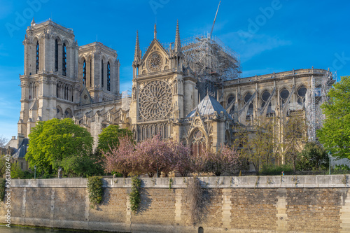 Paris, France - 04 17 2019: The day after the fire at Notre-Dame Cathedral. View from the banks of the Seine