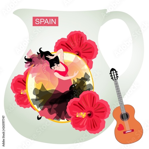 Symbols of Spain. A pitcher for sangria with a drawn girl dancing flamenco against the backdrop of a huge piece of lemon and hibiscus flowers. Little spanish guitar is leaning against a jug.