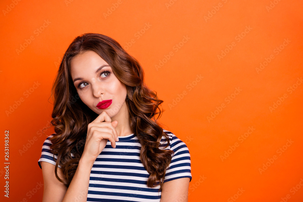 Close up photo beautiful she her lady tempting red lipstick eyes look empty space imaginary flight contemplation wear casual striped white blue t-shirt clothes isolated orange bright background - obrazy, fototapety, plakaty 