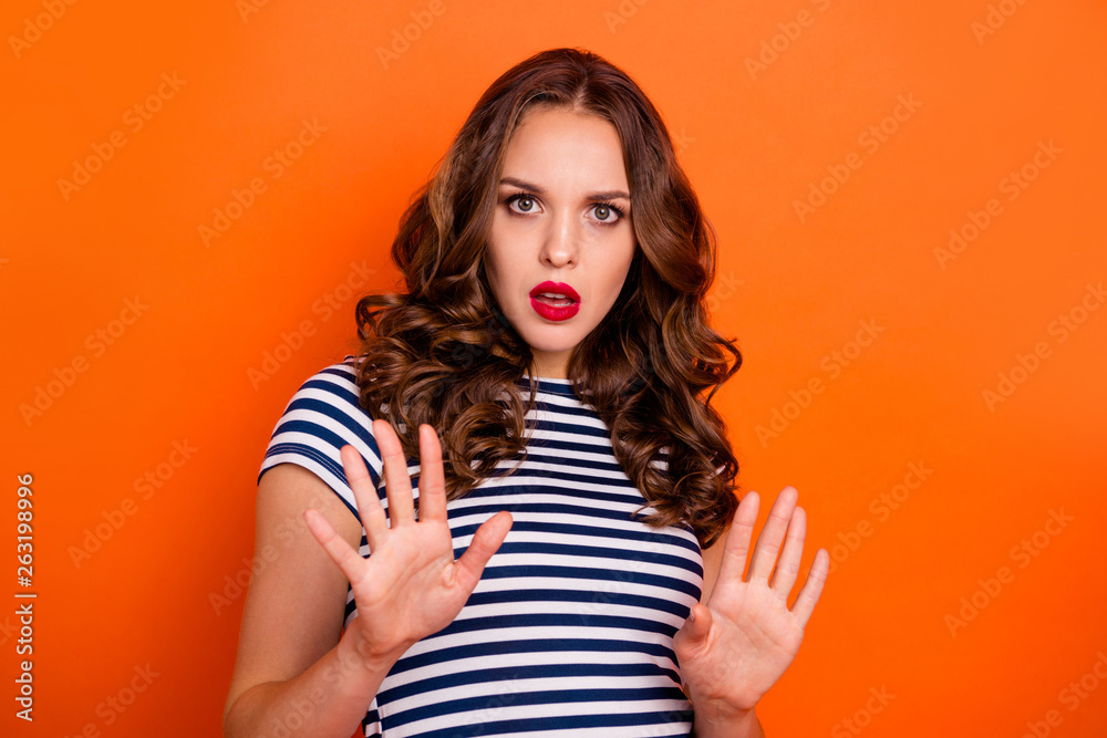 Close up photo beautiful she her lady red lipstick pomade ask stand still calm down pull over make pause off quit wear casual striped white blue t-shirt clothes isolated orange bright background Close up photo beautiful she her lady red lipstick pomade ask stand still calm down pull over make pause off quit wear casual striped white blue t-shirt clothes isolated orange bright background