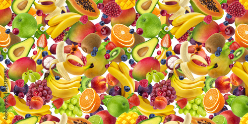 Fototapeta Naklejka Na Ścianę i Meble -  Tropical fruits seamless pattern, falling fruits isolated on white background