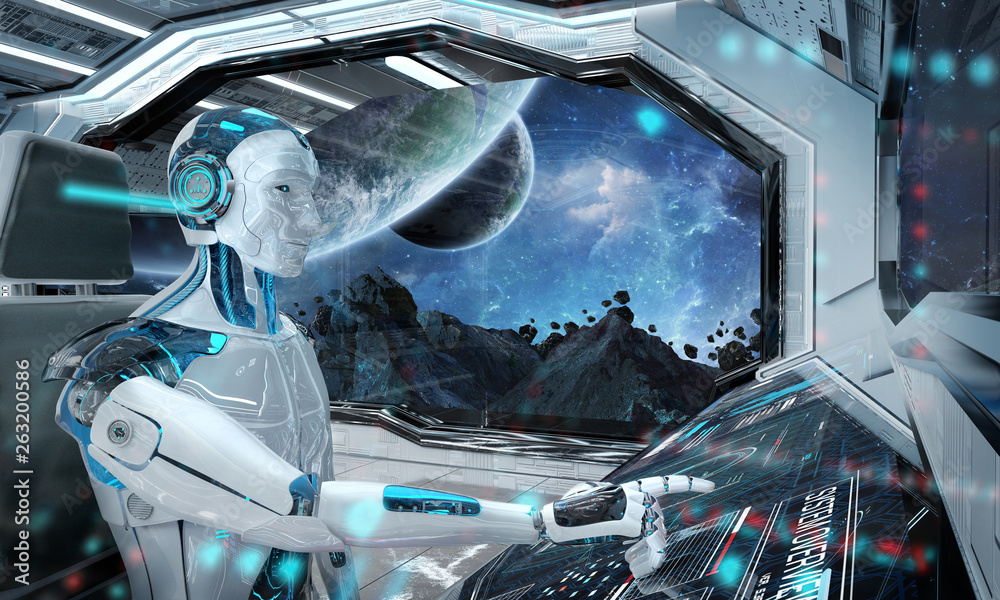 Robot in a control room flying a white modern spaceship with window view on space 3D rendering - obrazy, fototapety, plakaty 