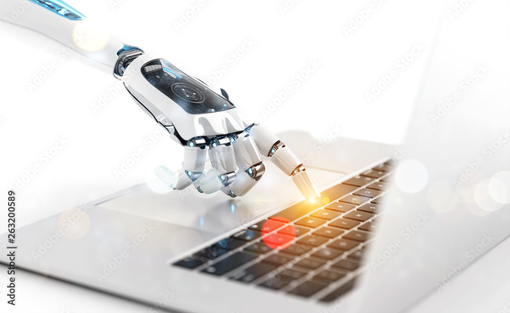 White robot cyborg hand pressing a keyboard on a laptop 3D rendering - obrazy, fototapety, plakaty 