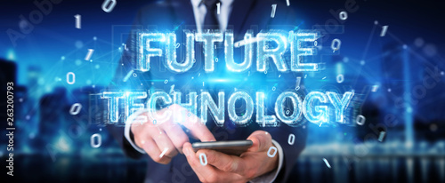 Businessman using future technology text interface 3D rendering