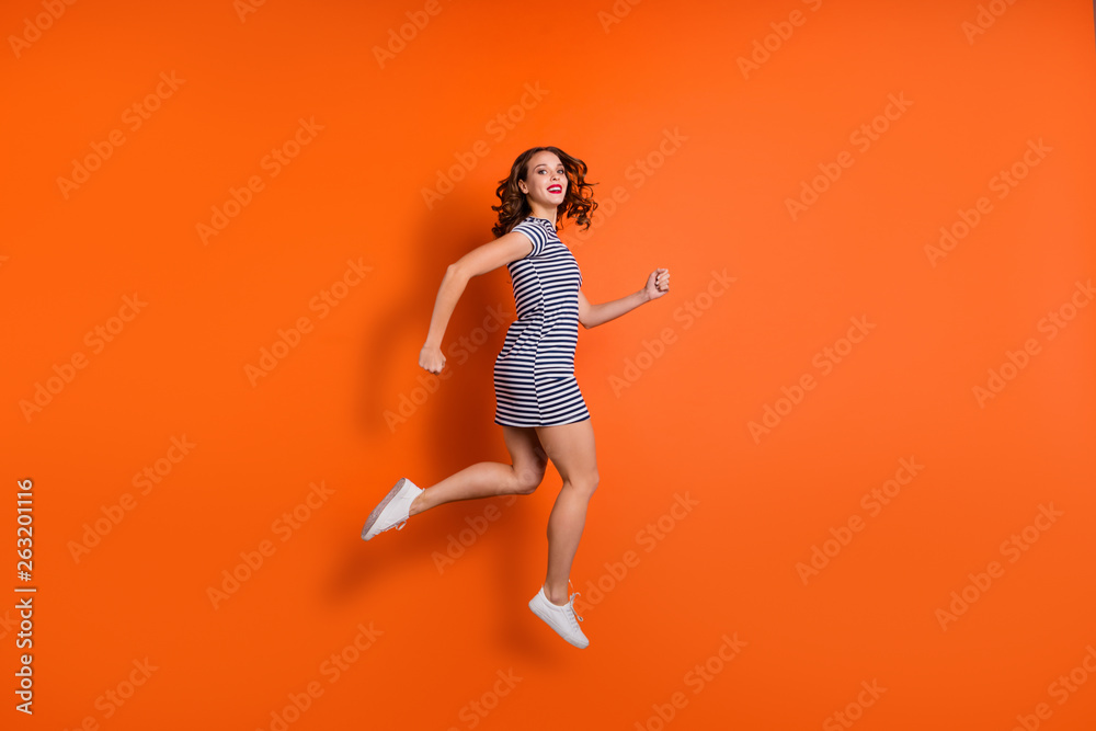 Full length size body photo of single cute elegant nice glad optimistic funny funky dreamy she her lady showing motions in air isolated vivid background