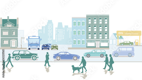 Stadt mit Straßenverkehr und Fußgänger auf den Bürgersteig