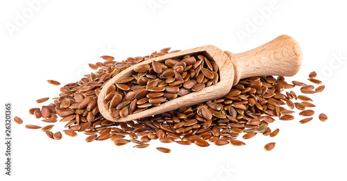 Obraz na plátně Flax seeds isolated on white background, close-up of flaxseed in wooden scoop