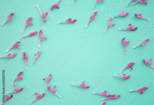 Blue colorful background made of pink flowers with space for text. Wallpaper for the layout. Flat lay, top view