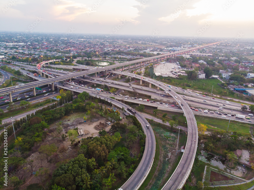 Aerial view city traffic junction road with automobile traffic