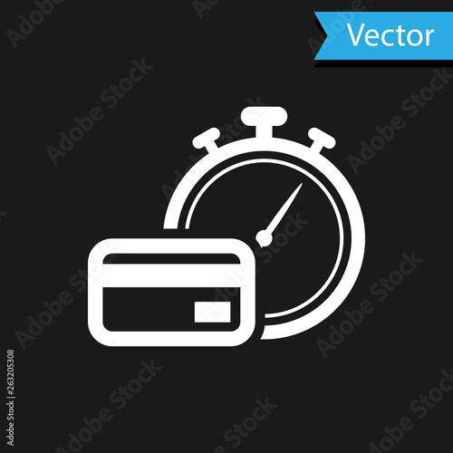 White Fast payments icon isolated on black background. Fast money transfer payment. Financial services, fast loan, time is money, cash back concept. Vector Illustration