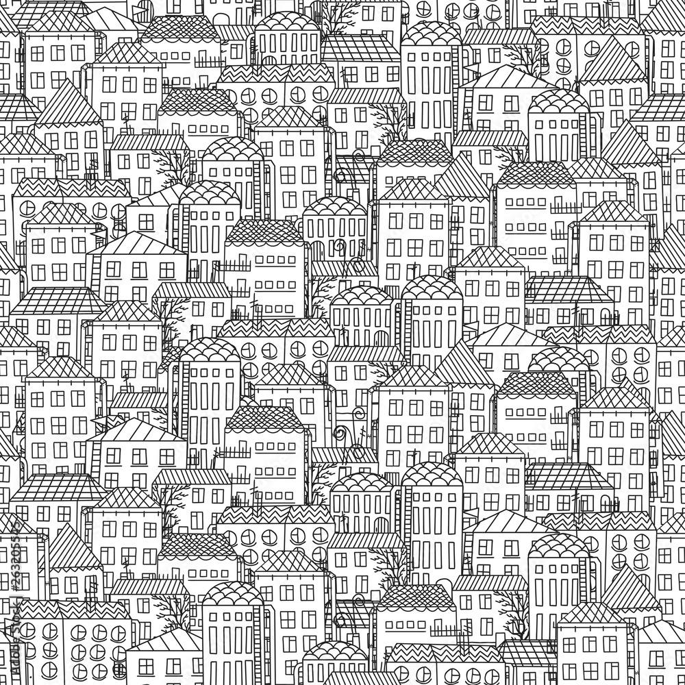 Seamless small town landscape print. Vector monochrome illustration on light background. Original urban pattern. ESP10.