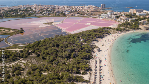 Amazing drone aerial landscape of the beautiful salt flats at Colonia de Sant Jordi, Ses Salines, Mallorca, Spain photo