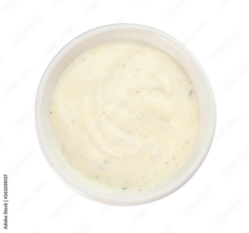 Bowl of homemade garlic sauce isolated on white, top view Bowl of homemade garlic sauce isolated on white, top view