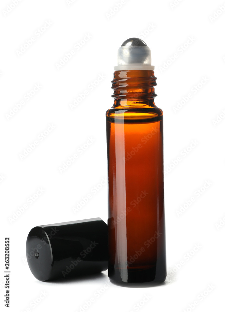Bottle of essential oil isolated on white Bottle of essential oil isolated on white