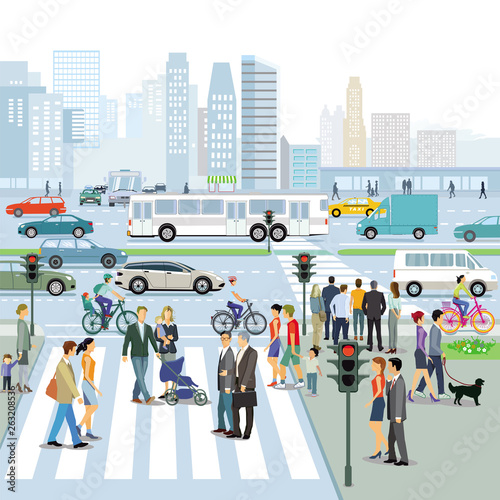 Stadt mit Verkehr und Fußgänger
