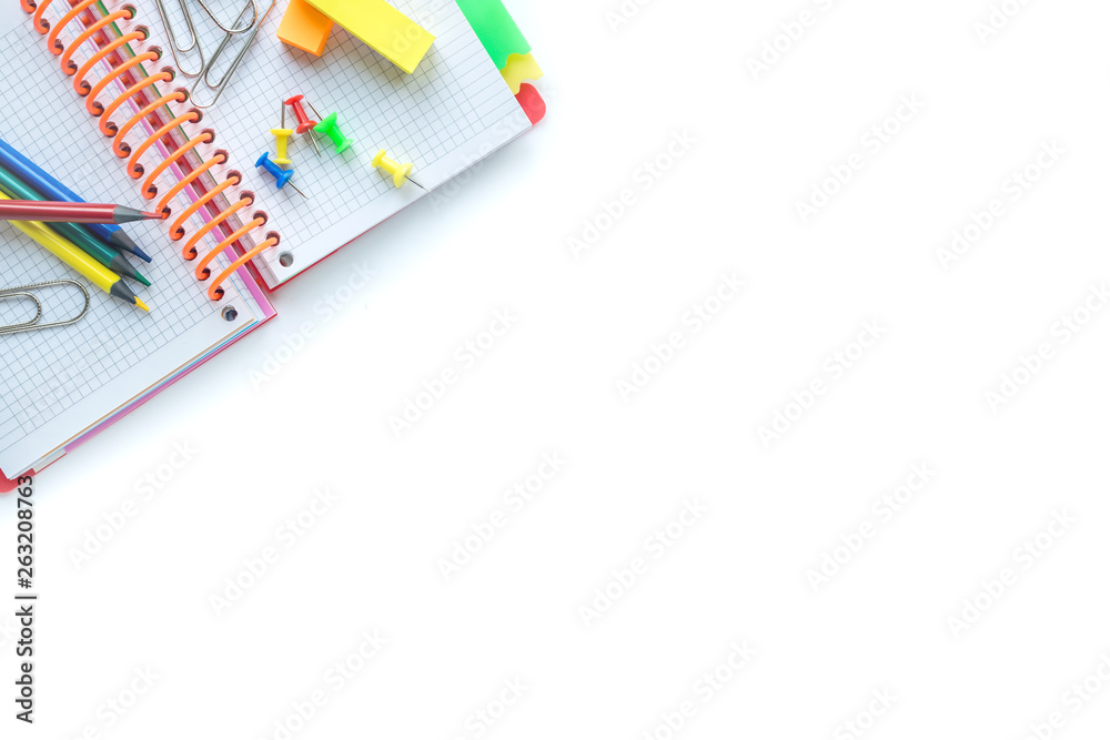 School and office supplies on white background. Copyspace. Top view