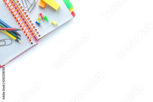 School and office supplies on white background. Copyspace. Top view