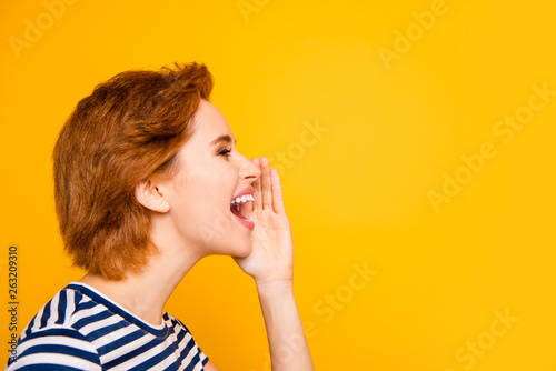 Canvastavla Close up side profile photo beautiful amazing she her lady sending sharing sprea