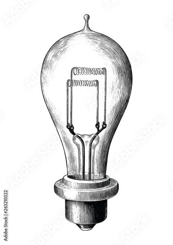 Antique engraving illustration of bulb lamp black and white clip art isolated on white background