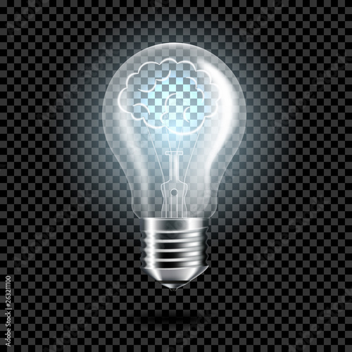 Realistic transparent light bulb with brain for dark background, isolated.