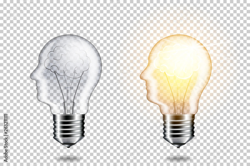 Realistic transparent light bulb with head and brain for dark background, isolated.