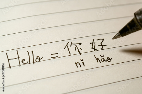 Beginner Chinese language learner writing Hello word Nihao in Chinese characters and pinyin on a notebook photo