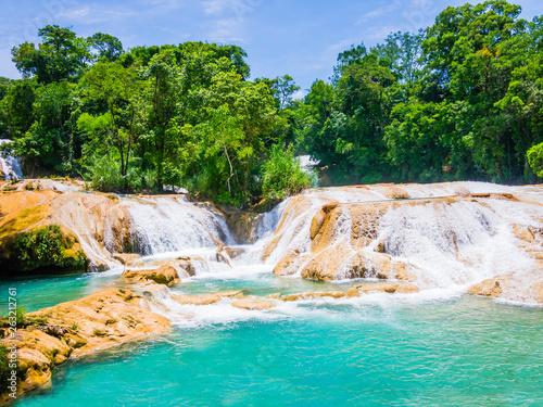 Panoramic view of Agua Azul waterfalls in the lush rainforest of Chiapas, Mexico