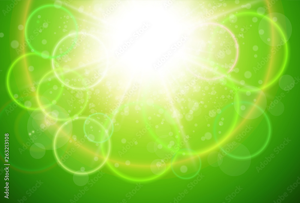 Fototapeta premium Sunny green natural background, sun with green nature bokeh spring background